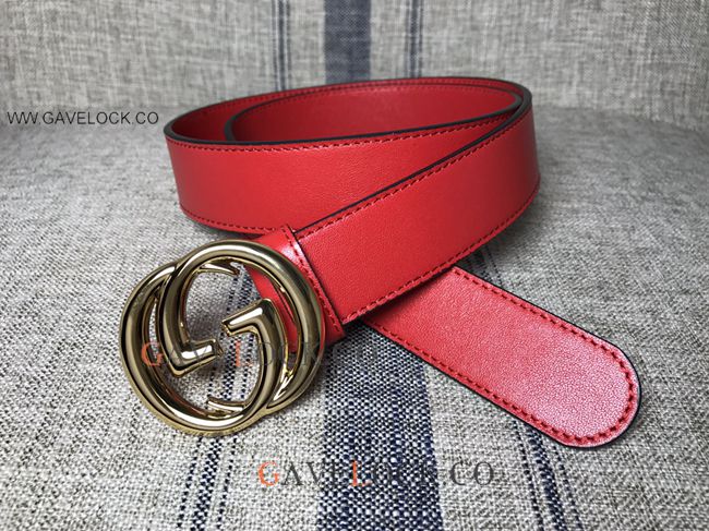 Upscale Gucci Red Leather Belt Double Sided Brass GG Buckle